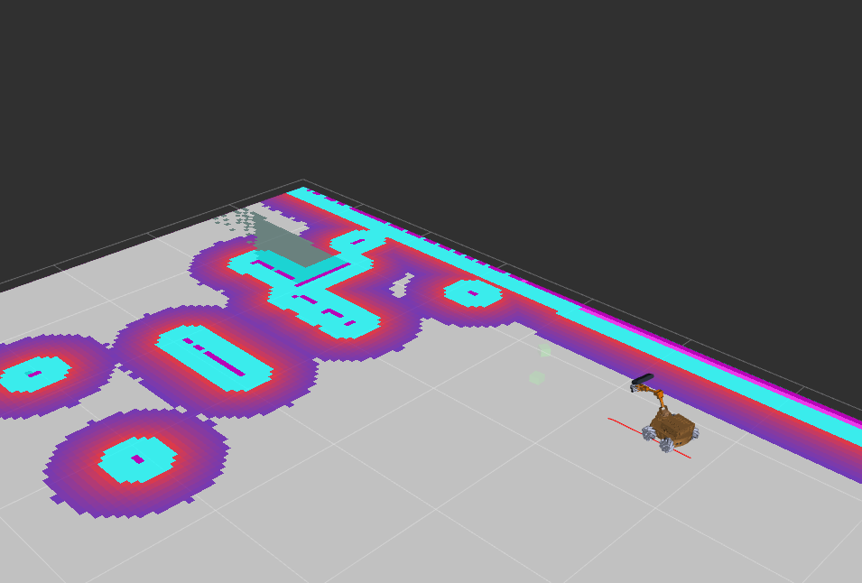 Bounding boxes (in front of the robot) are drawn around the remaining clusters.